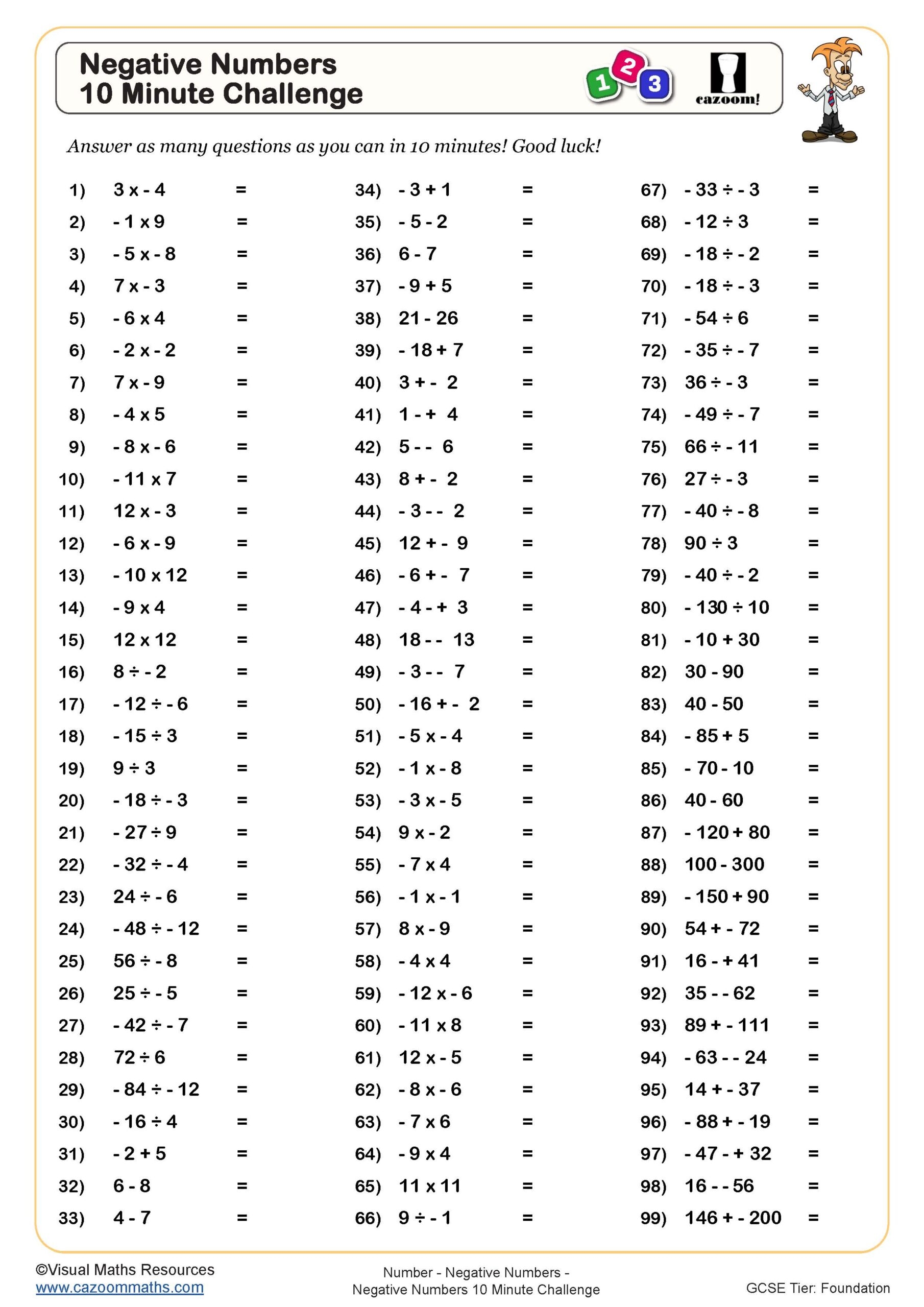 Negative Numbers 10 Minute Challenge Worksheet Printable PDF Worksheets Negative Numbers 10 Minute Challenge Worksheet Printable PDF Worksheets