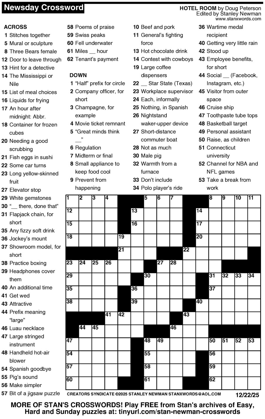 Newsday Crossword Puzzle For Dec 22 2025 By Stanley Newman Creators Syndicate