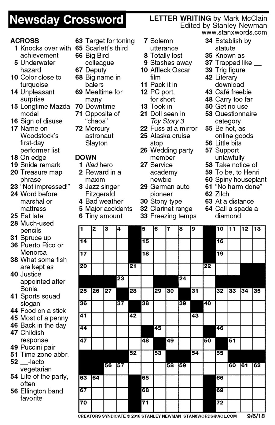 Newsday Crossword Puzzle For Sep 06 2018 By Stanley Newman Creators Syndicate Newsday Crossword Puzzle For Sep 06 2018 By Stanley Newman Creators Syndicate