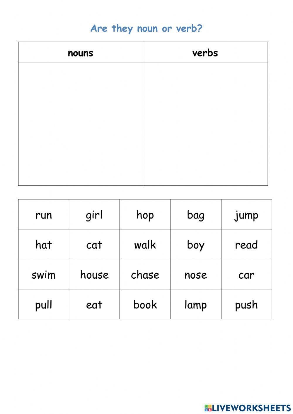 Noun And Verb Sort Worksheet Teach Starter Worksheets Library