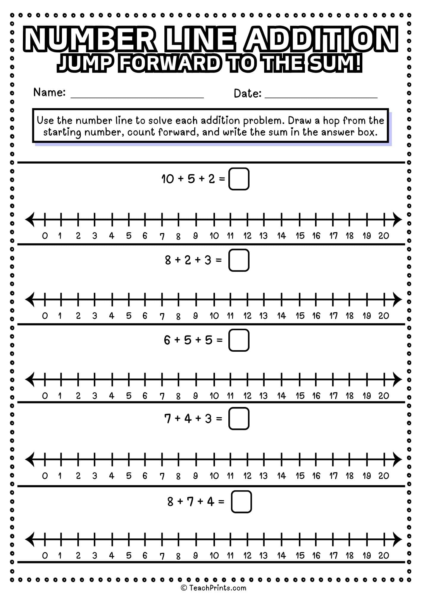 adding on a number line worksheet