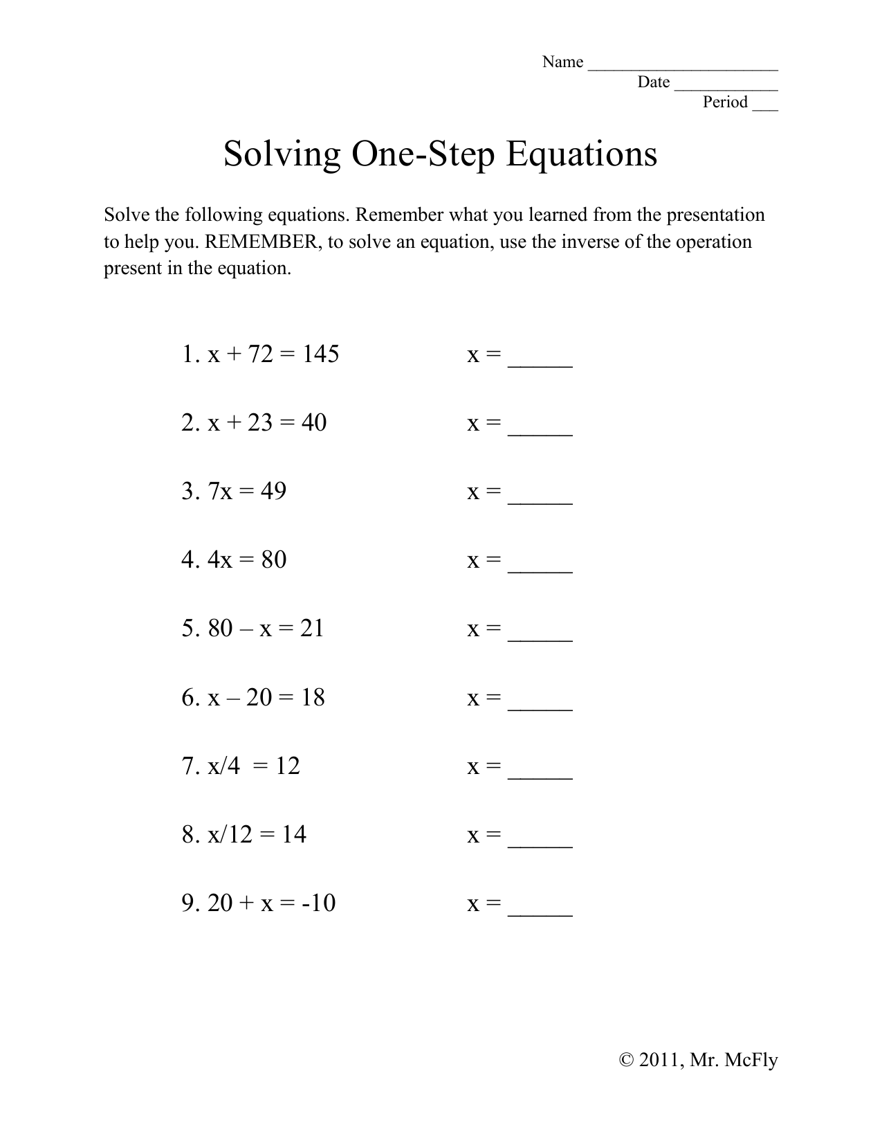 worksheet solving one step equations