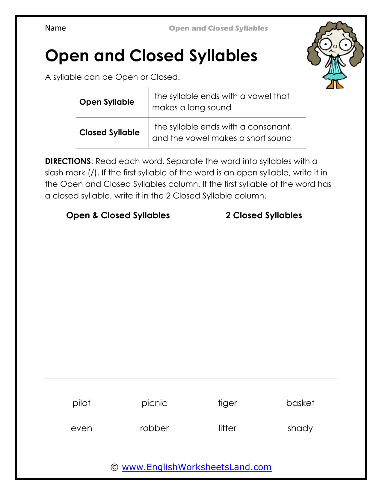 Open And Closed Syllables Worksheet