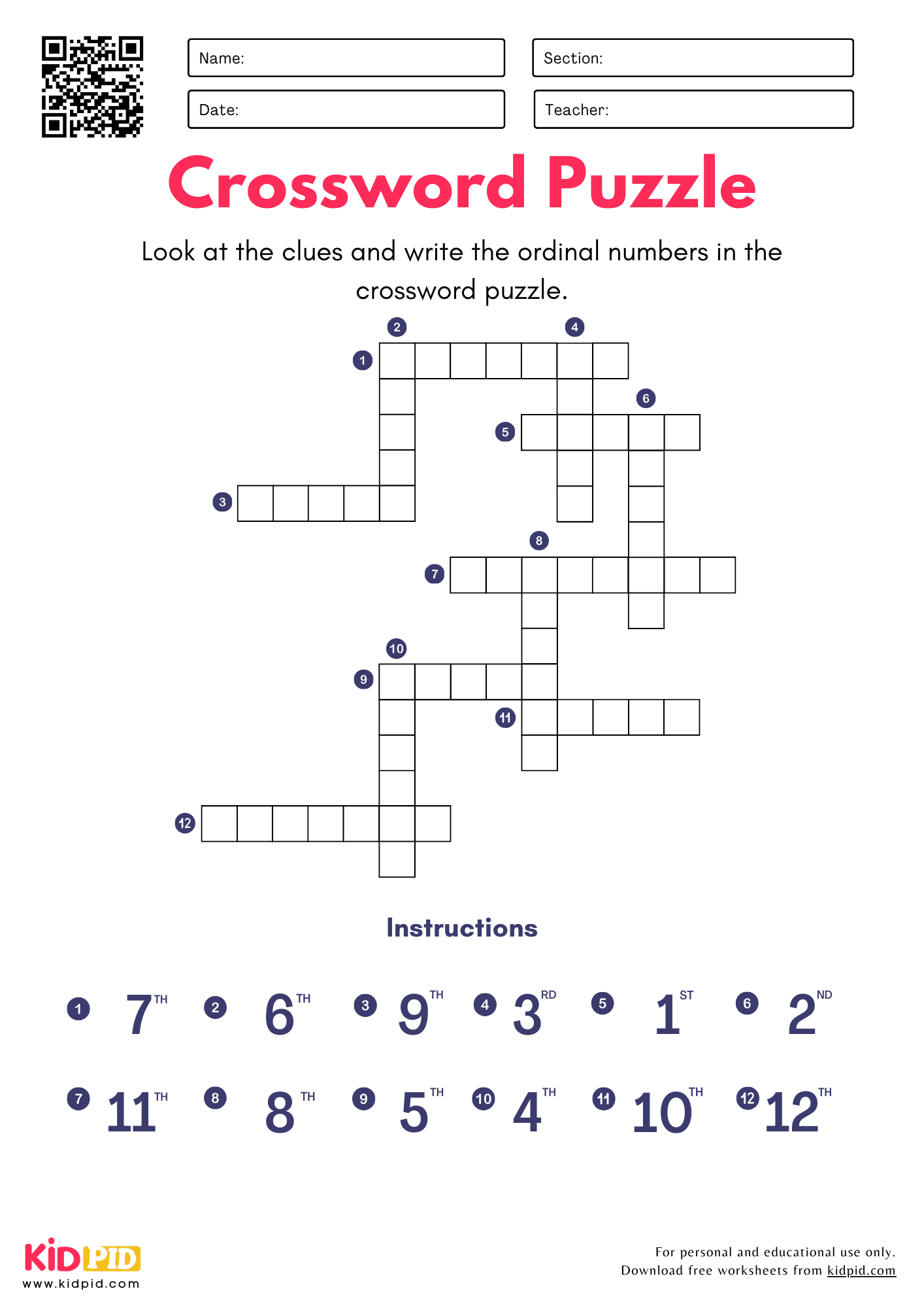 Ordinal Numbers Crossword Puzzle Worksheets For Grade 1 Kidpid