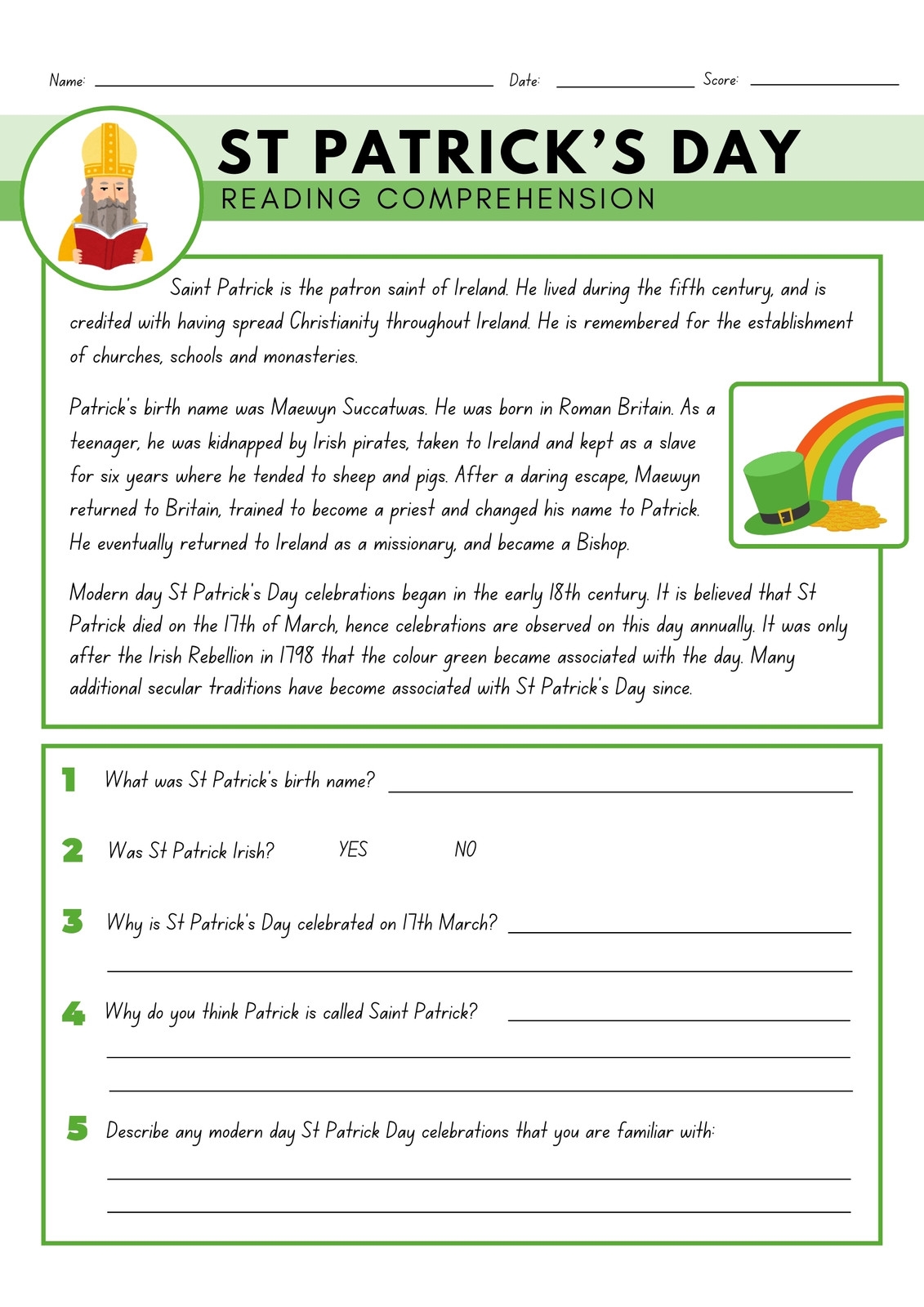st patrick's day reading comprehension