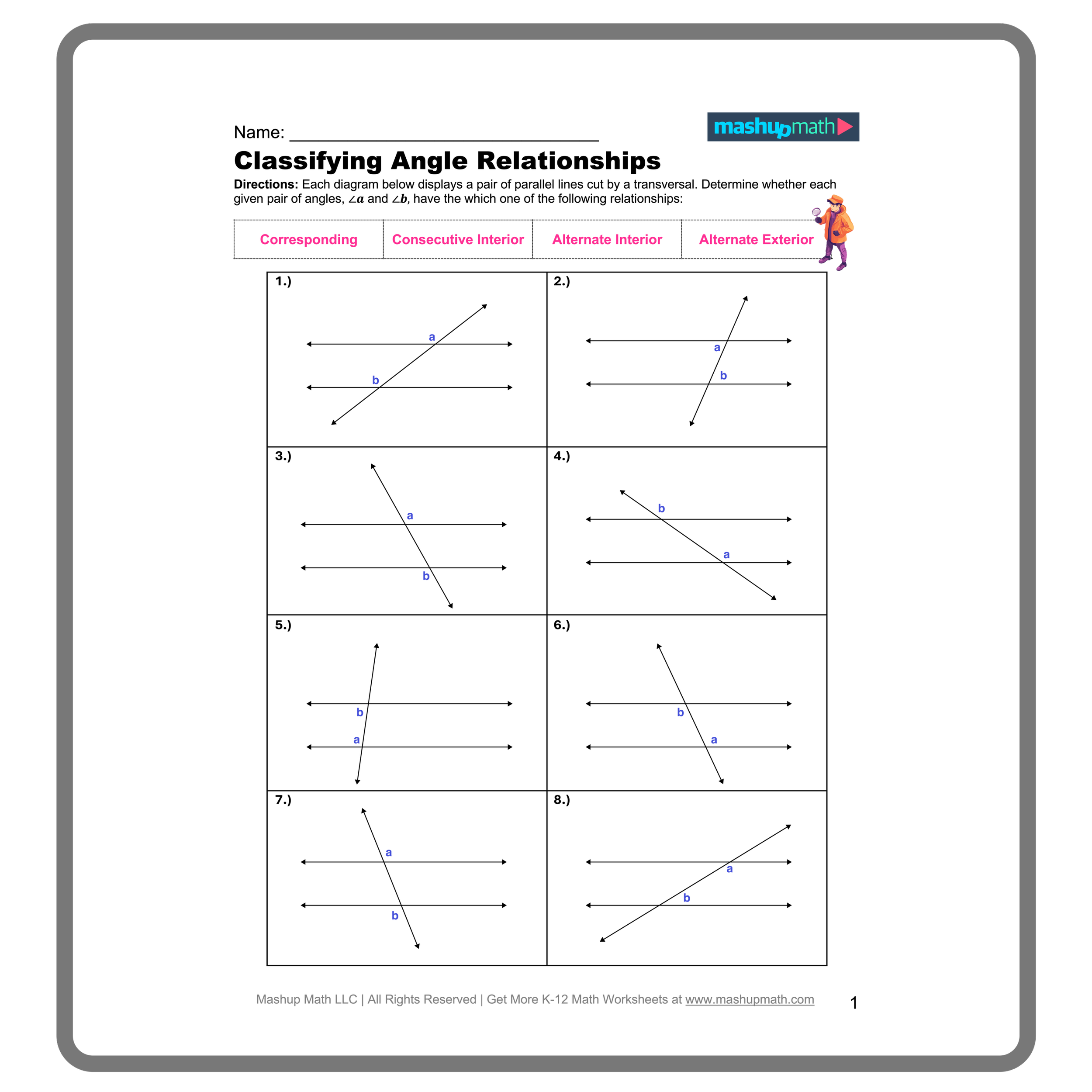 Parallel Lines Cut By A Transversal Worksheets Printable With Answers Mashup Math