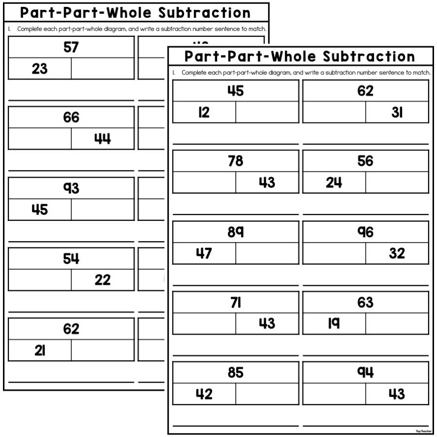 Part Part Whole Subtraction Of 2 Digit Numbers Worksheets Top Teacher