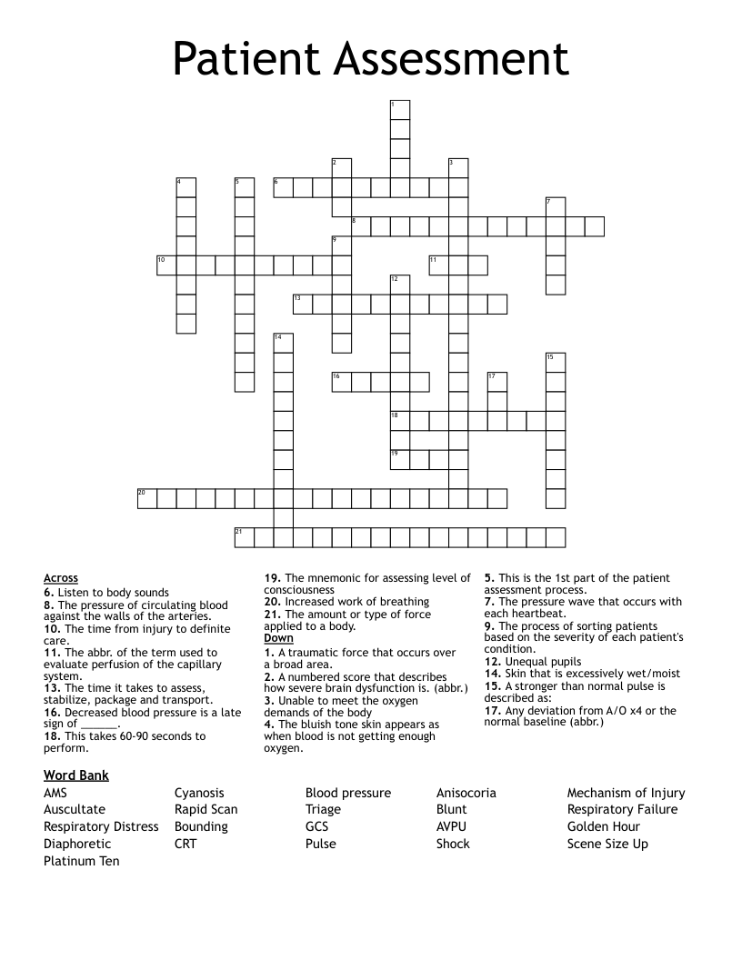 Patient Assessment Crossword WordMint