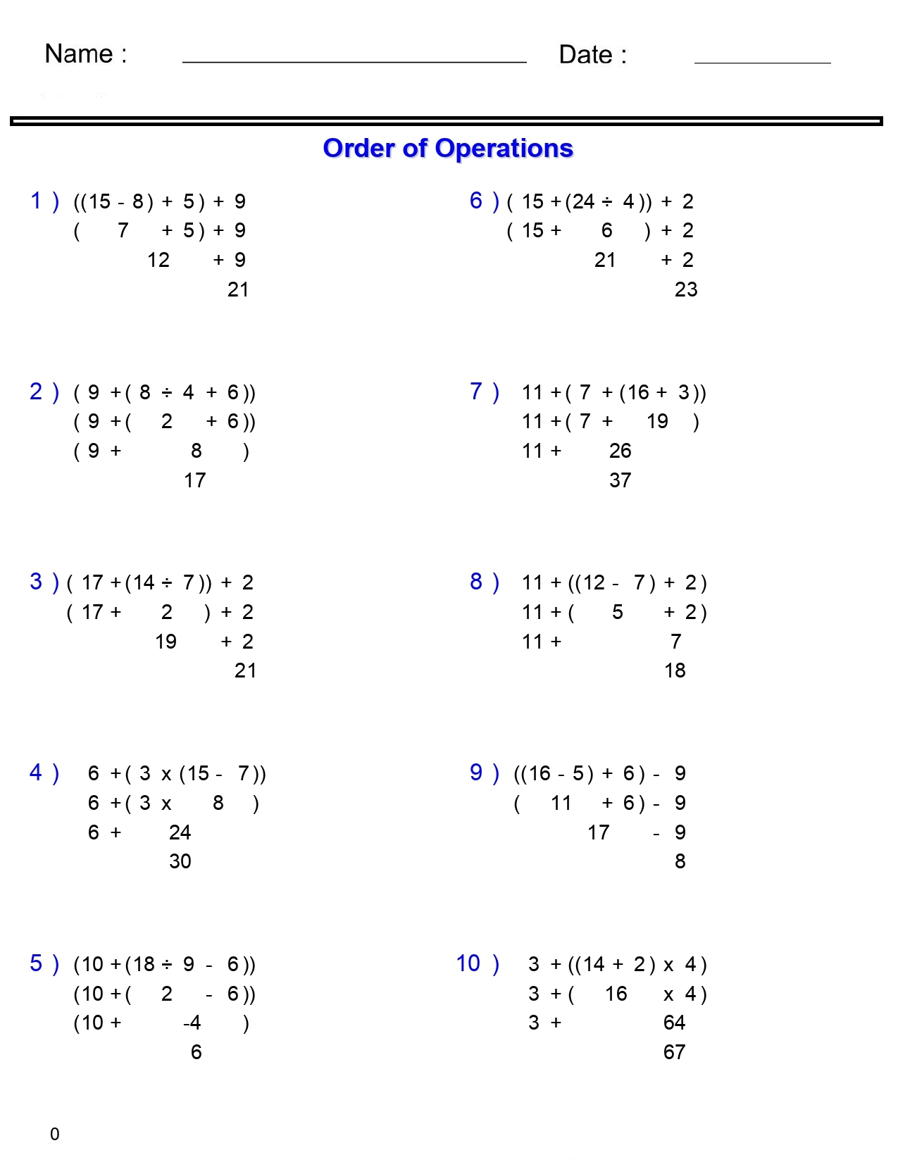 PEMDAS Problems Order Of Operations Worksheets Basic With Nested Parentheses Made By Teachers