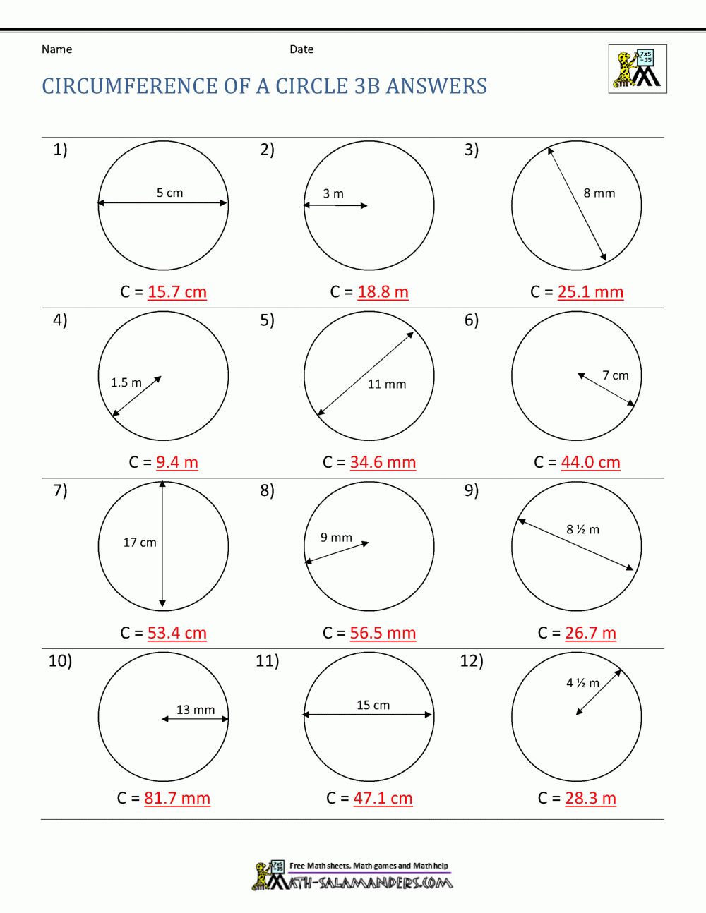 worksheet for circumference of a circle