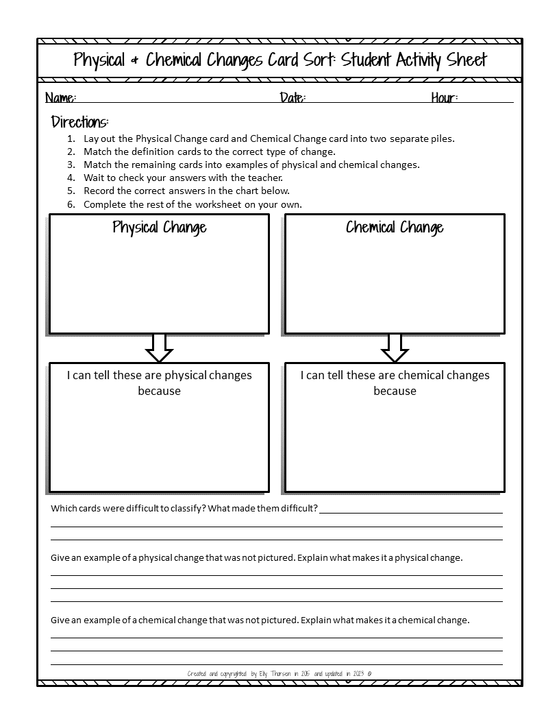 Physical And Chemical Changes Card Sorting Activity Classful