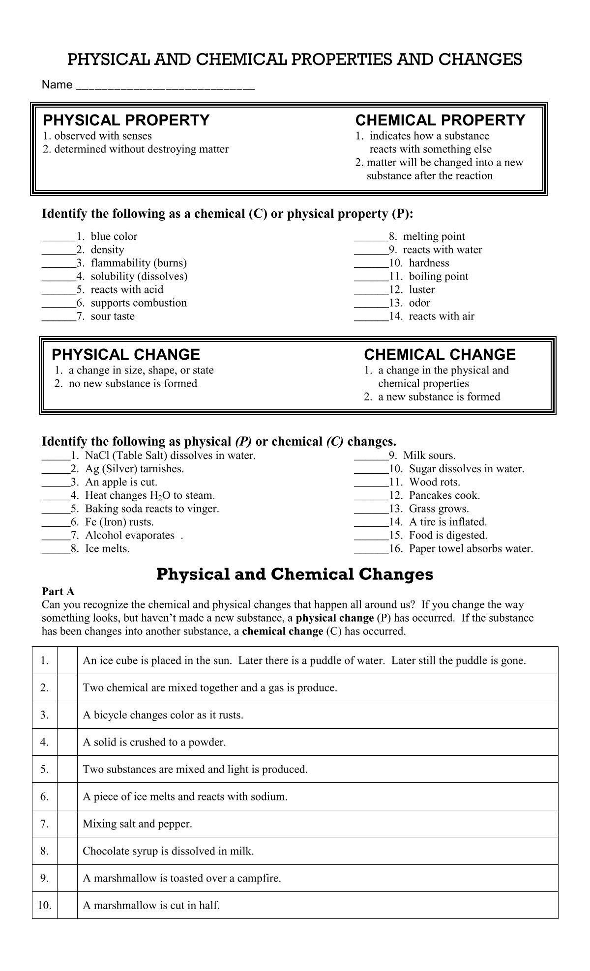 Physical And Chemical Changes Worksheet pdf Physical And Chemical Changes Worksheet pdf