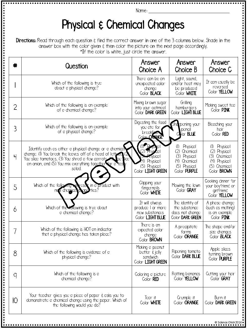 Physical Chemical Changes Color by Number By Science Chick TPT