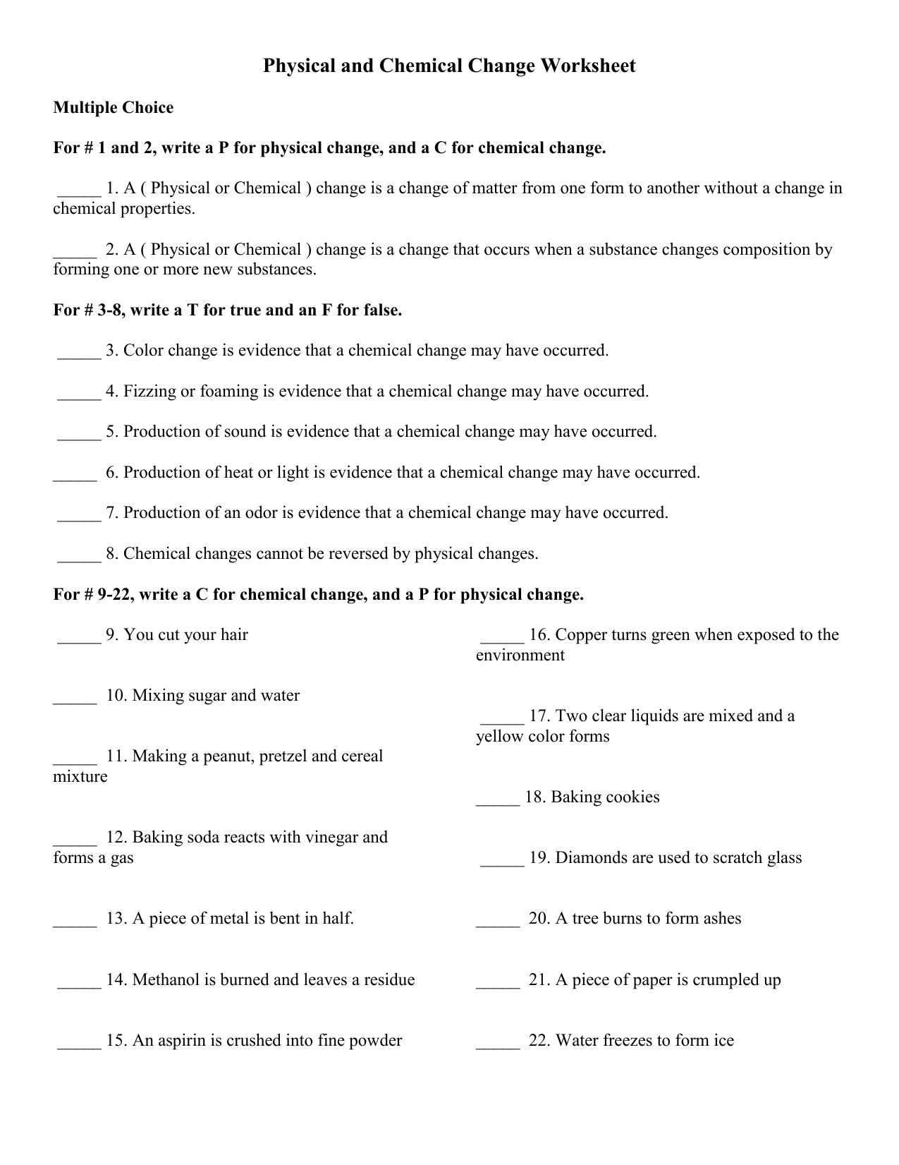 Physical Chemical Changes Worksheet