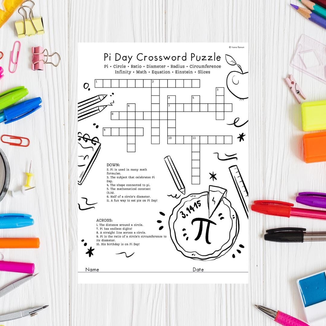 Pi Day Crossword Puzzle Fun Math Science Activity printable Activity For Kids Etsy