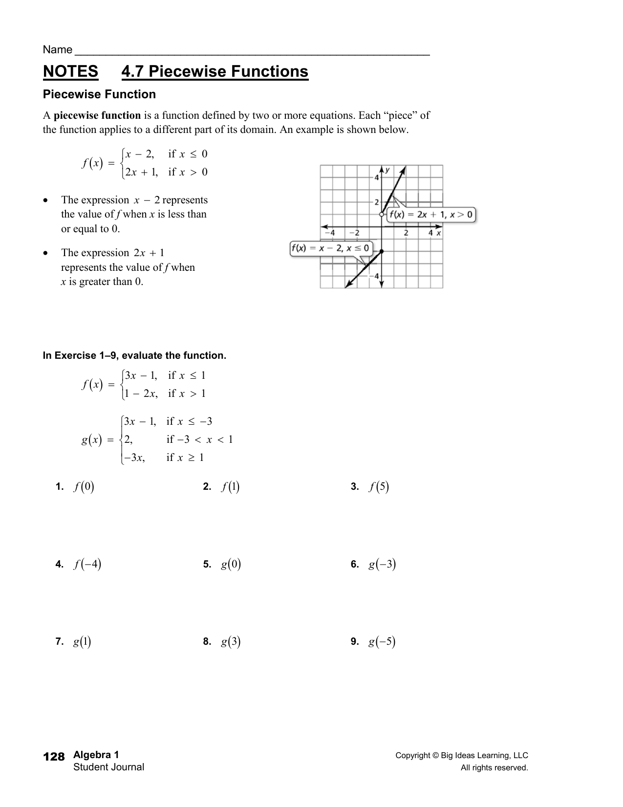 Piecewise Functions Worksheet Algebra 1