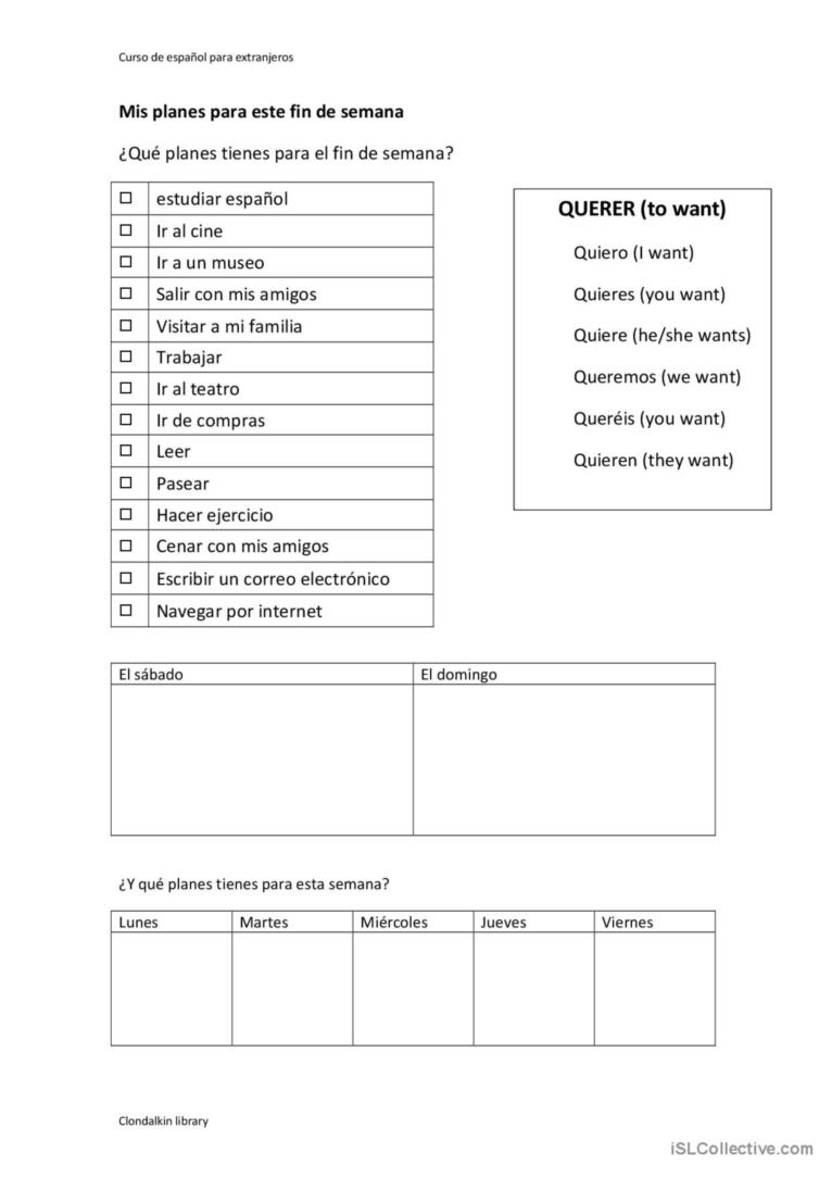 Planes Para El Fin De Semana Espa ol ELE Hojas De Trabajo Pdf Doc