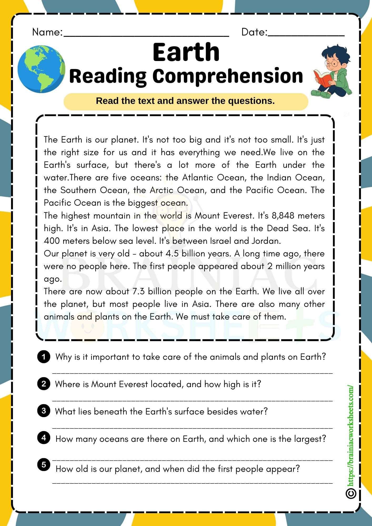 Planet Earth Reading Comprehension English Worksheet For Class 5 Brainiac Worksheets