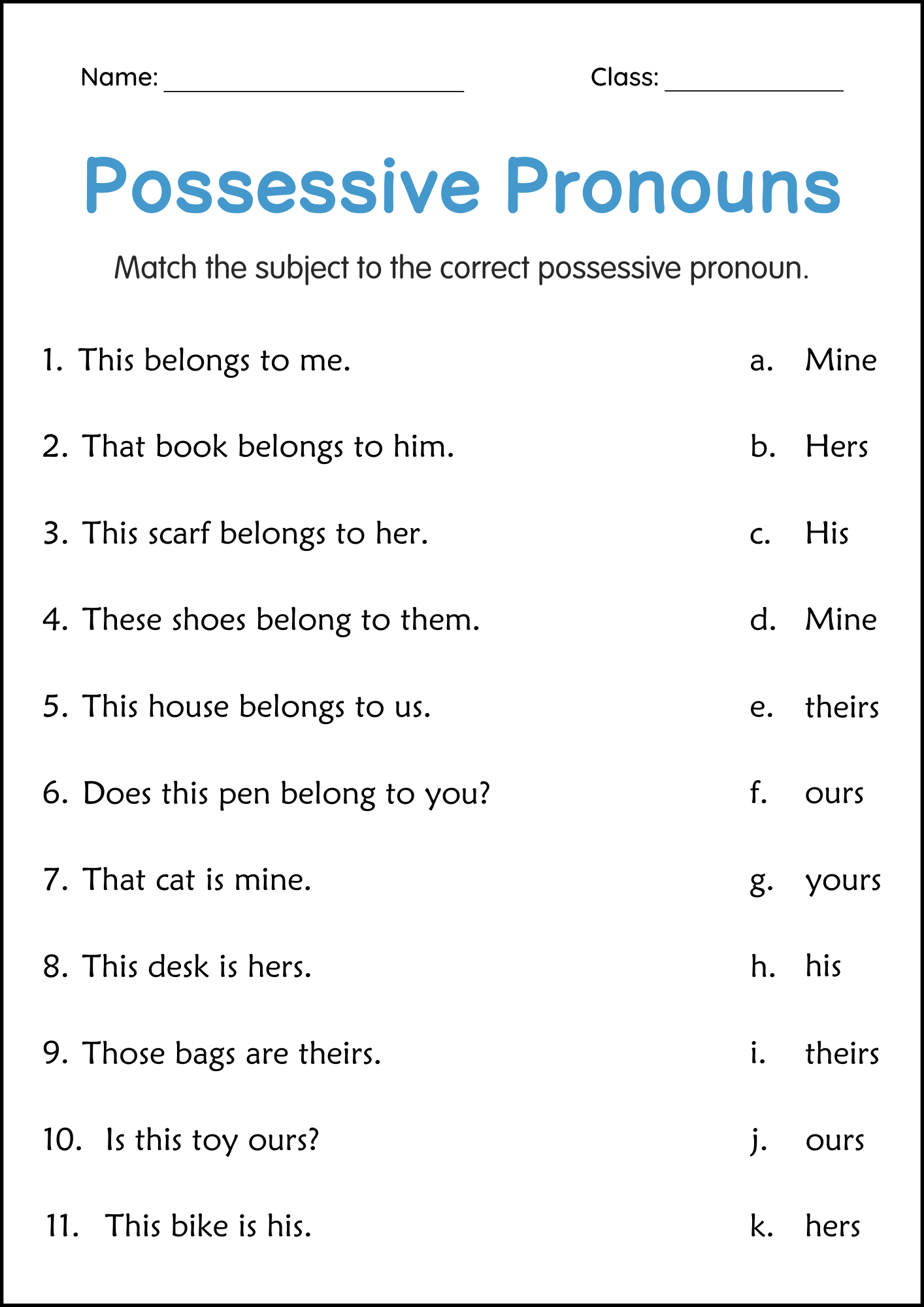 Possessive Pronouns Grammar Activity Worksheets For Grade 2 3 4 Made By Teachers