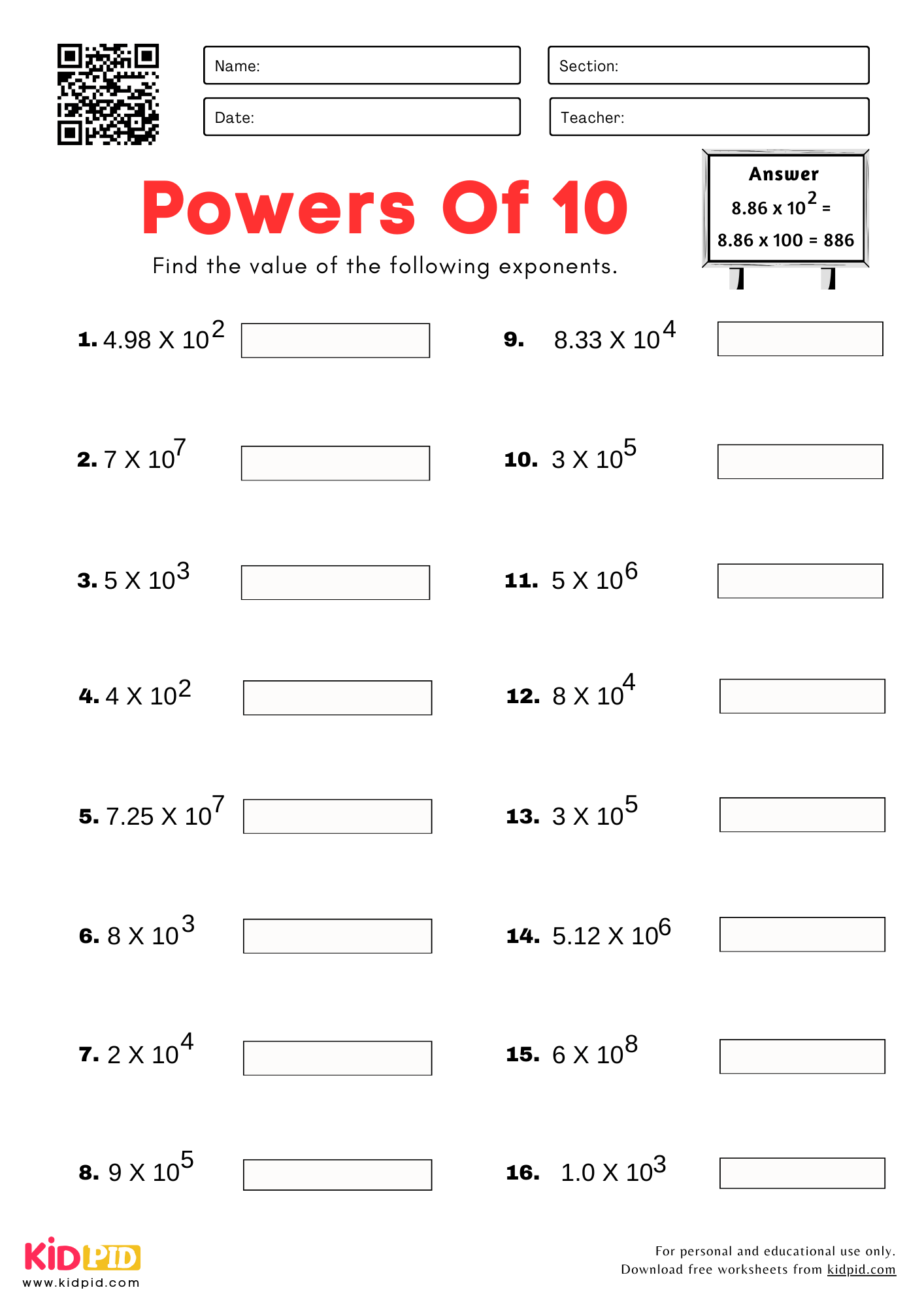Powers Of 10 With Integer Decimal Value Worksheet For Grade 5 Kidpid