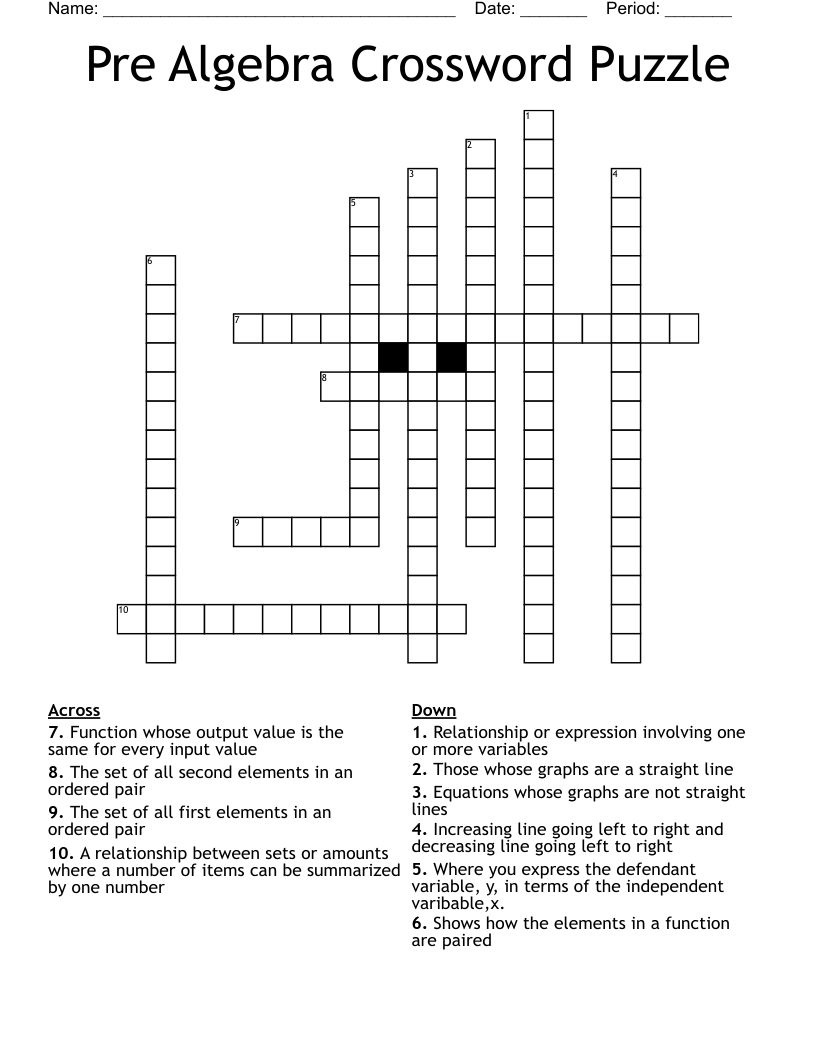 Pre Algebra Crossword Puzzle WordMint