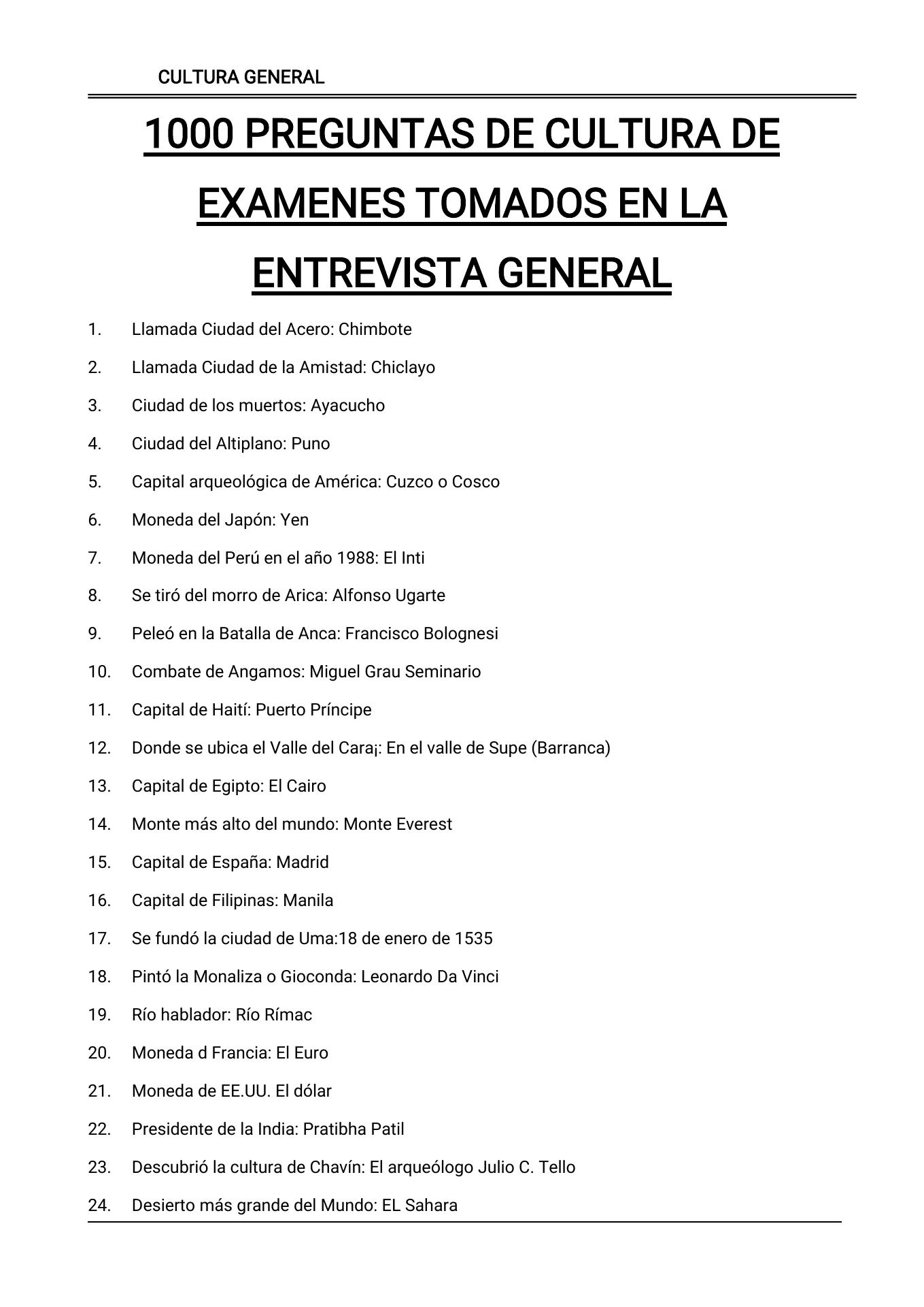 PREGUNTAS DE CULTURA GENERAL TOMADAS EN LA ENTREVISTA GENERAL PNP Aldair Preciado UDocz