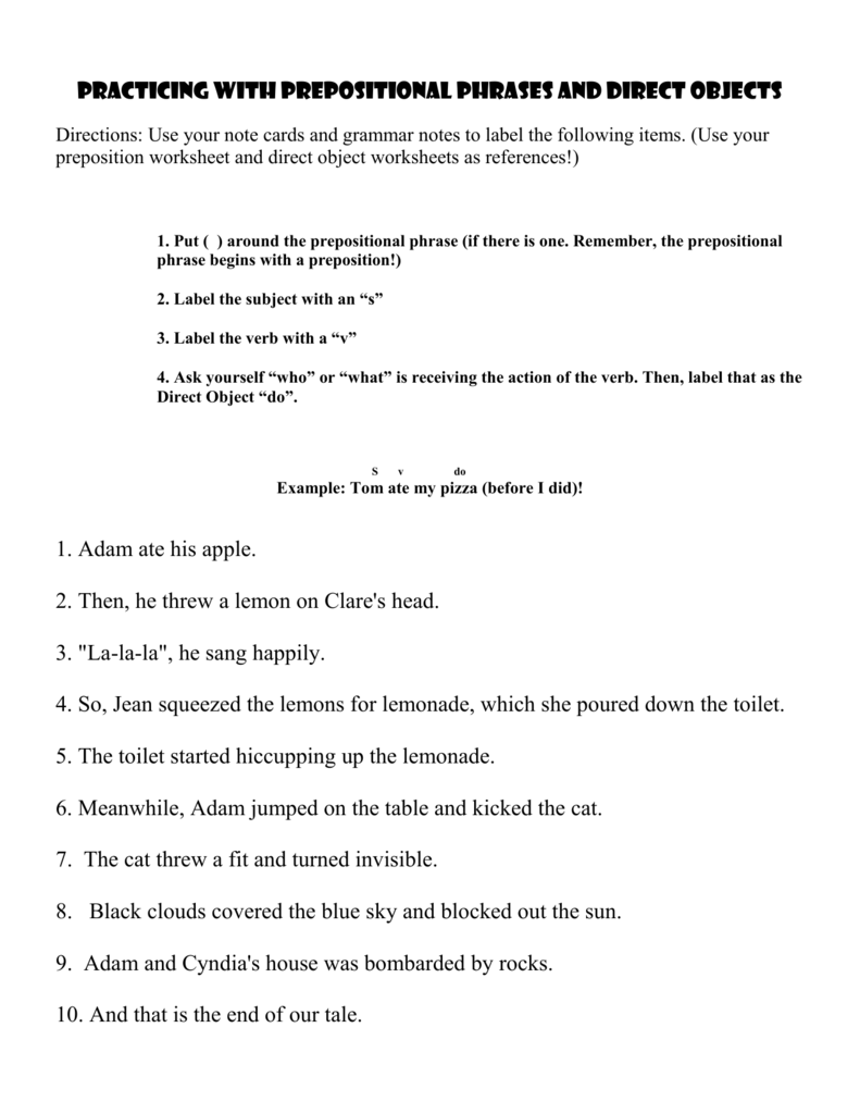 Prepositional Phrases Direct Objects Worksheet Prepositional Phrases Direct Objects Worksheet