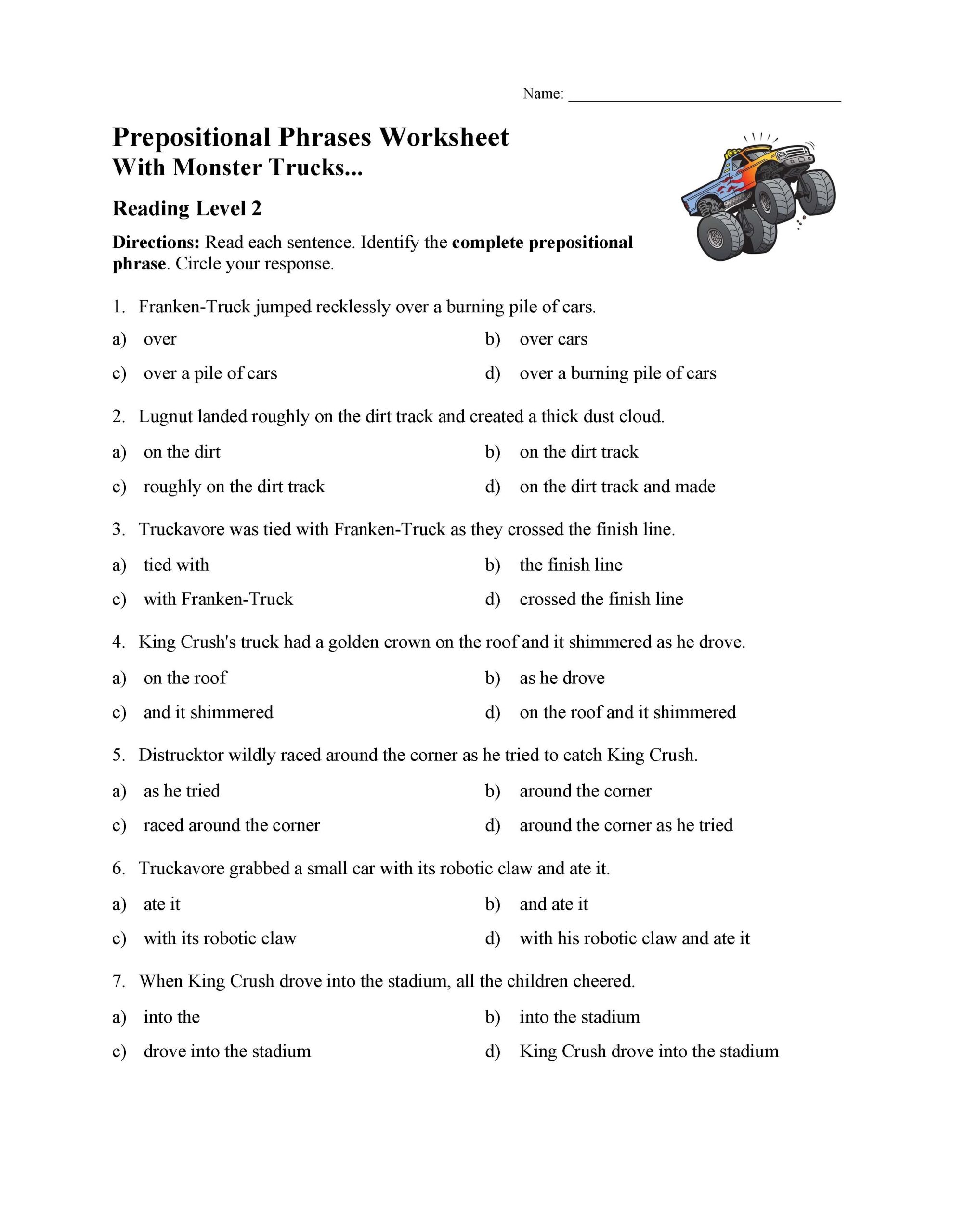 Prepositional Phrases Worksheet With Monster Trucks Parts Of Speech Activity Prepositional Phrases Worksheet With Monster Trucks Parts Of Speech Activity