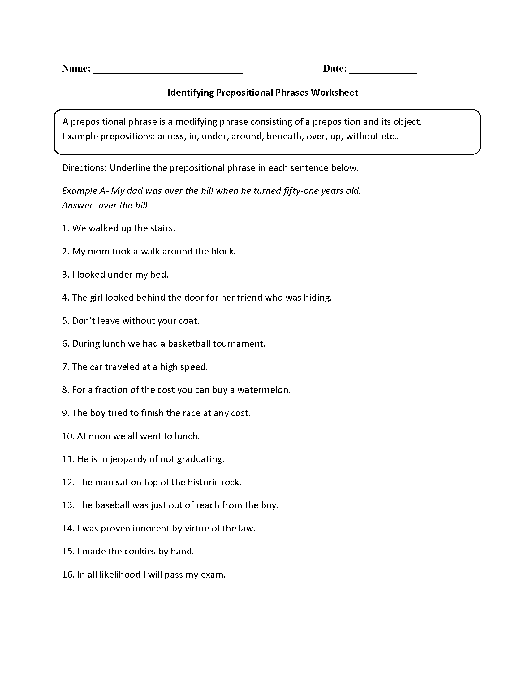 Prepositional Phrases Worksheets Identifying Prepositional Phrases Worksheet