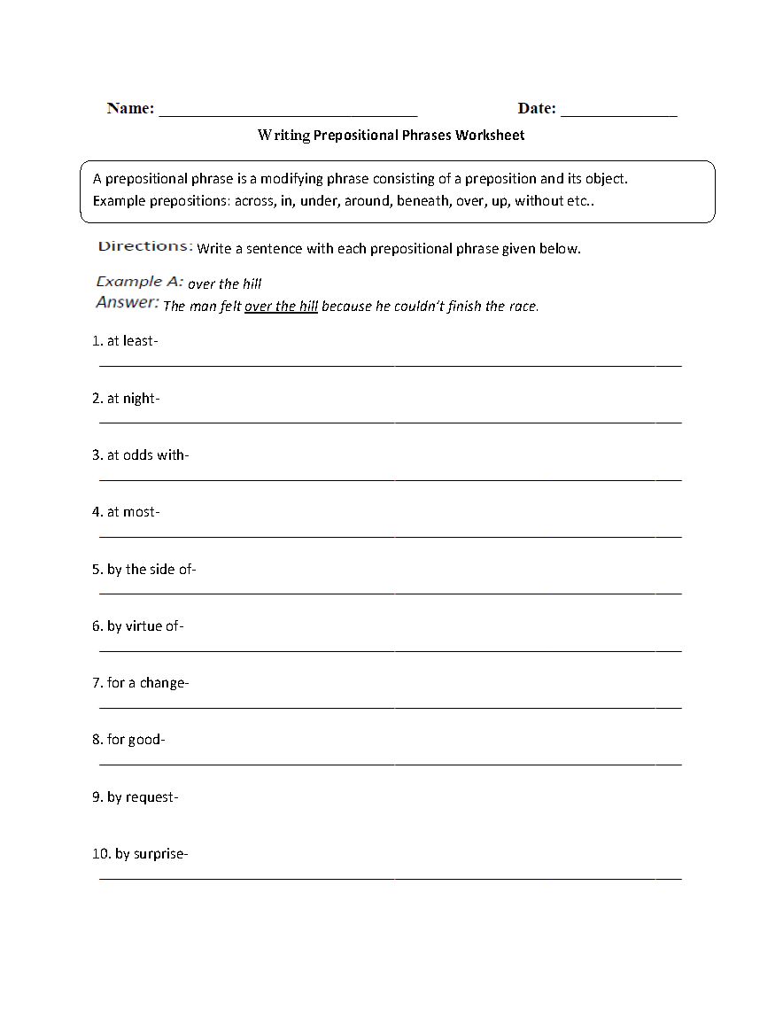 Prepositional Phrases Worksheets Writing Prepositional Phrases Worksheet Prepositional Phrases Worksheets Writing Prepositional Phrases Worksheet