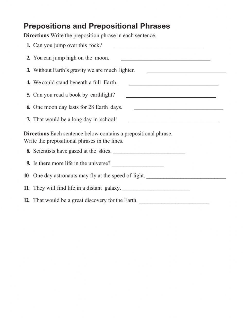 prepositions and prepositional phrases worksheet prepositions and prepositional phrases worksheet
