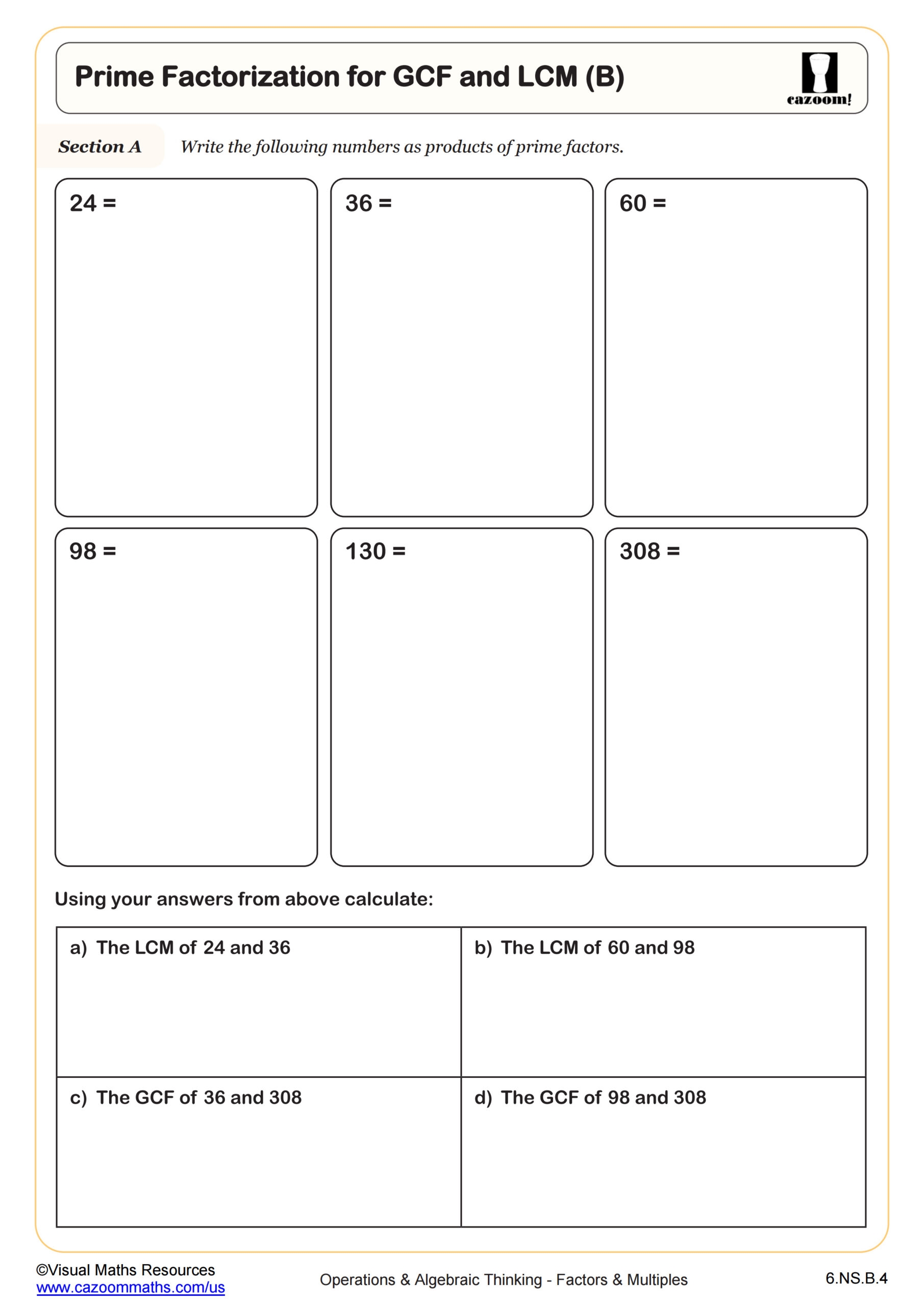 Prime Factorization For GCF And LCM B Worksheet Fun And Engaging 6th Grade PDF Worksheets Cazoom Math