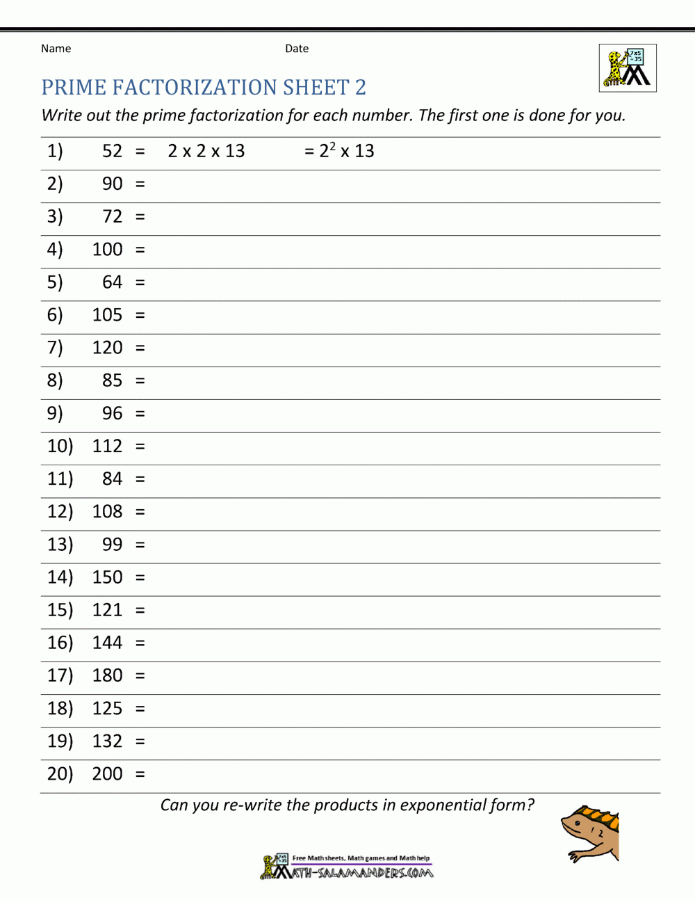 Prime Factorization Worksheet Page Prime Factorization Worksheet Page