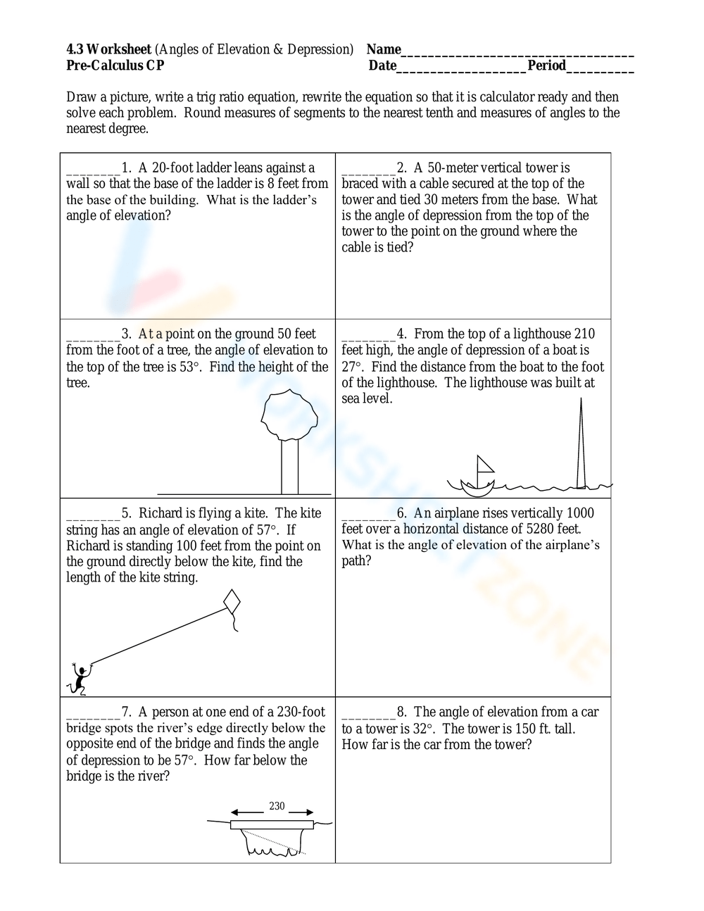 Printable Angle Of Elevation And Depression Trig Worksheets Printable Angle Of Elevation And Depression Trig Worksheets