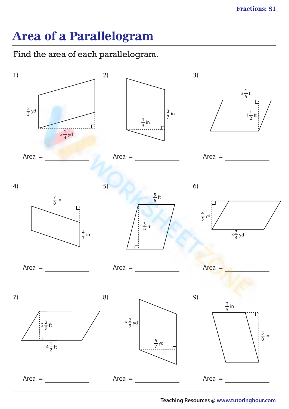 Printable Area Of Parallelogram Worksheets
