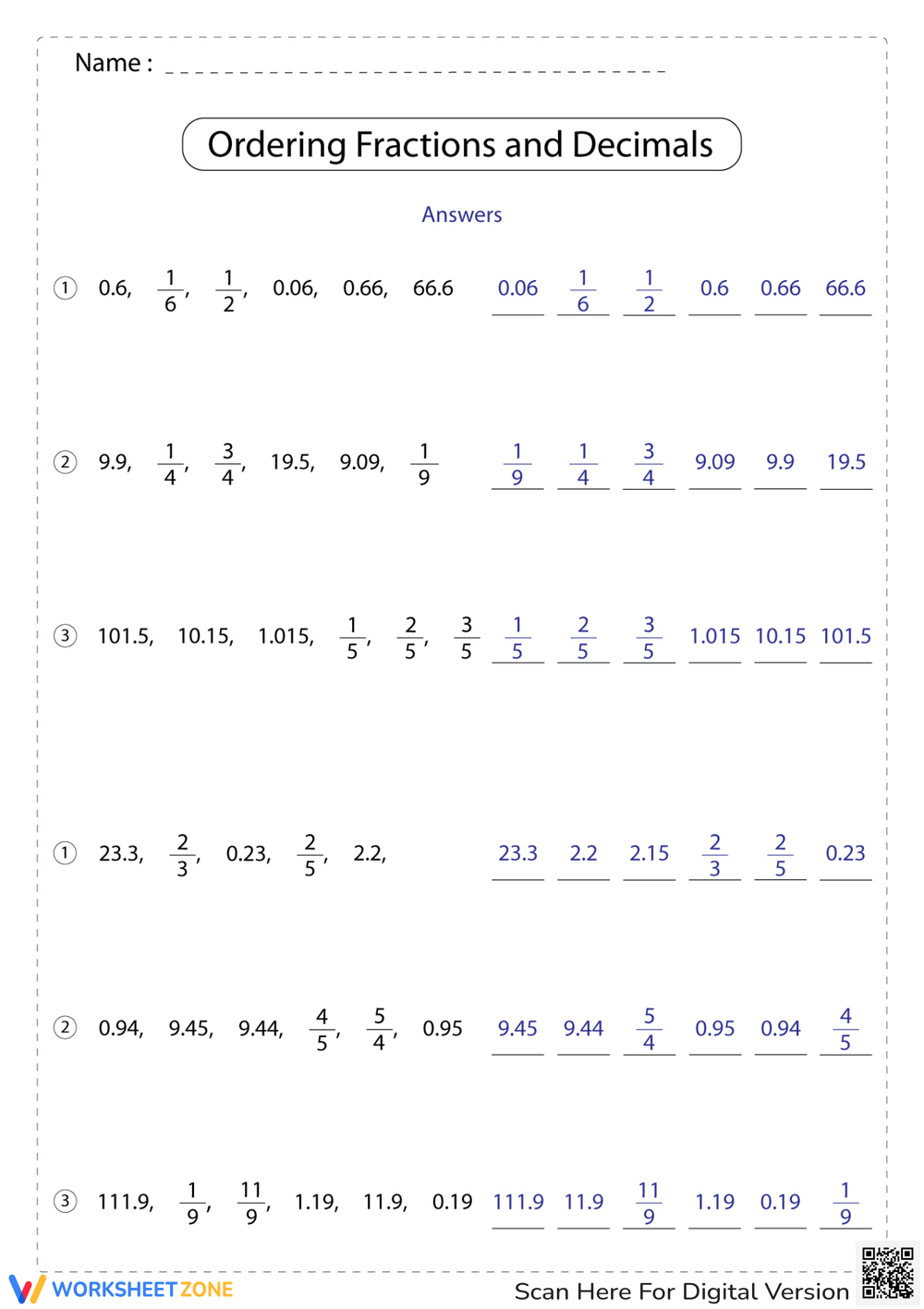 Printable Comparing Decimals Worksheets