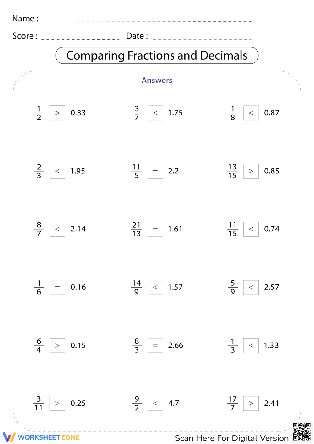 Printable Comparing Decimals Worksheets