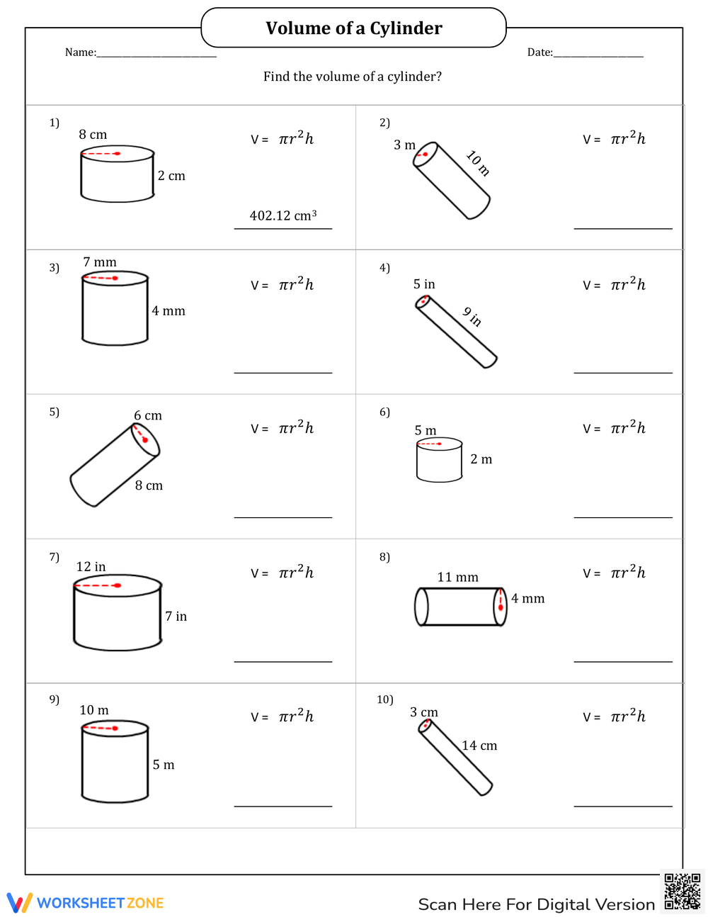 Printable Cylinders Worksheets Download