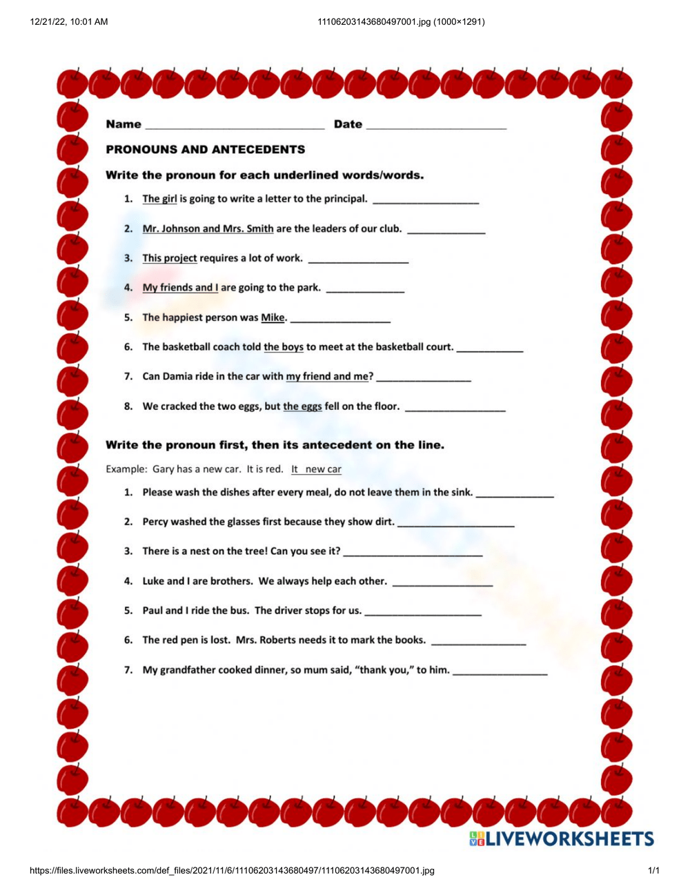Printable Grade 1 Pronouns And Antecedents Worksheets