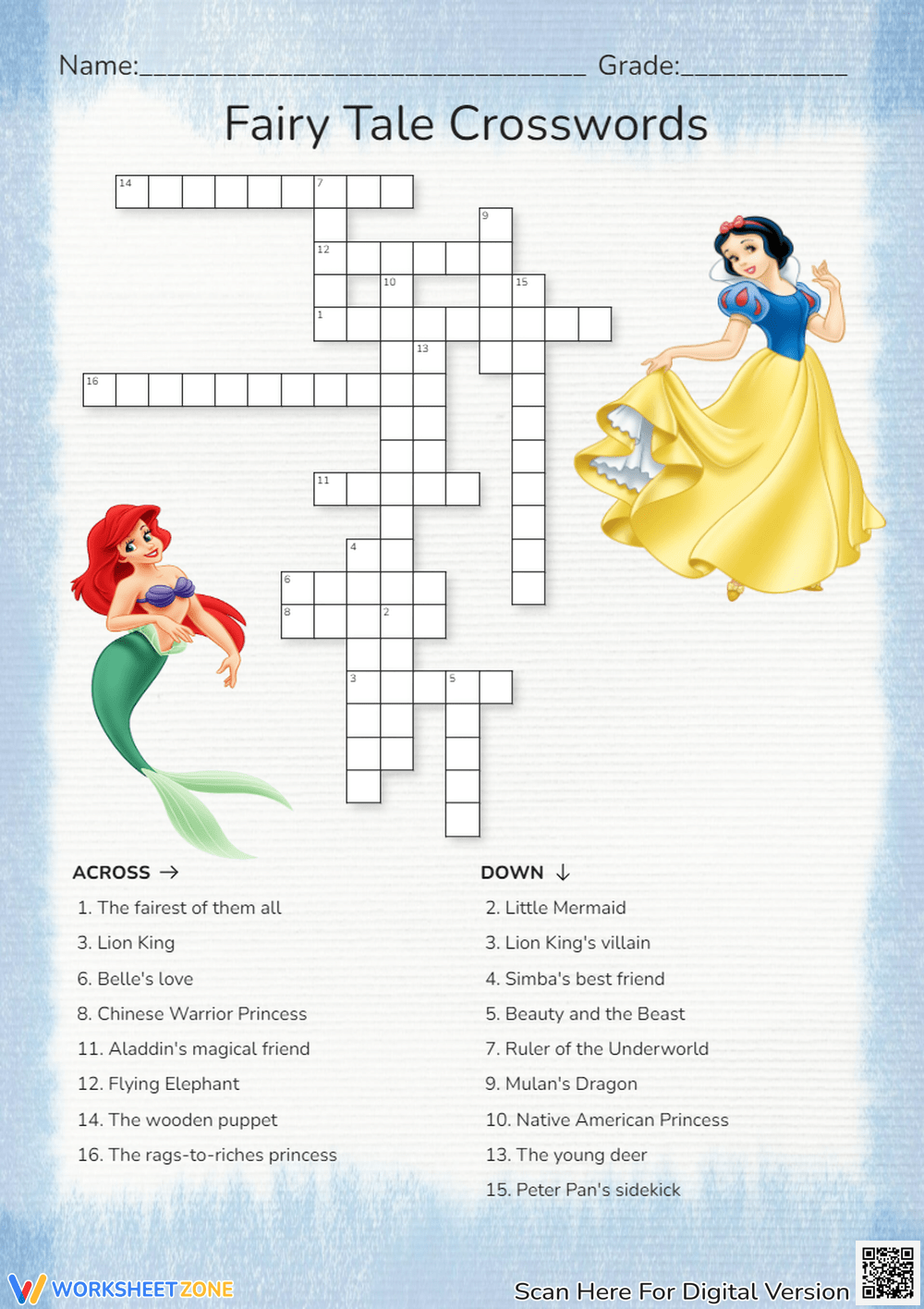Printable Grade 3 Disney Crossword Puzzles Worksheets