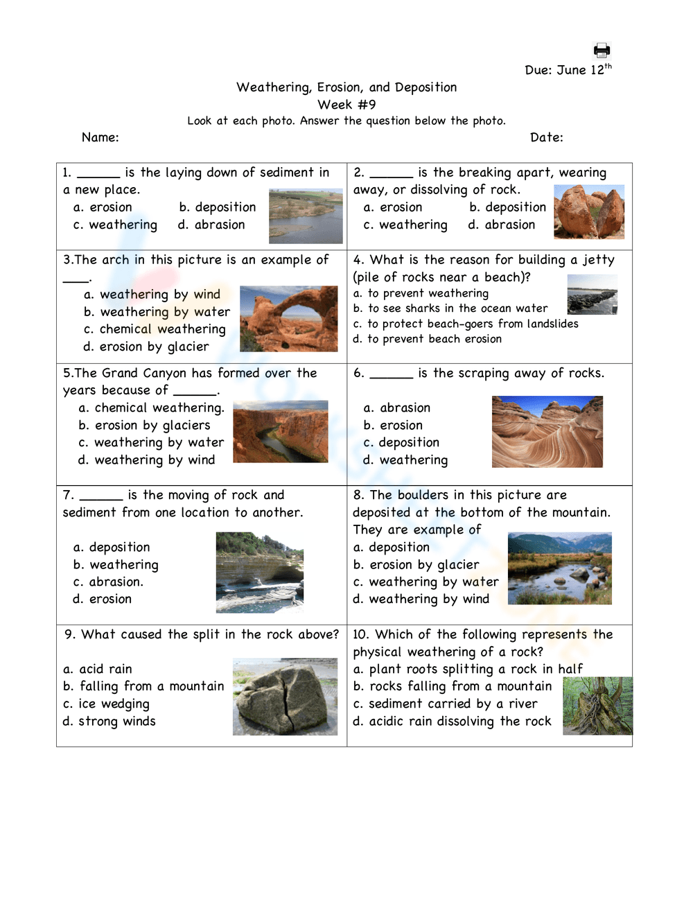 Printable Grade 4 Weathering Erosion And Deposition Worksheets