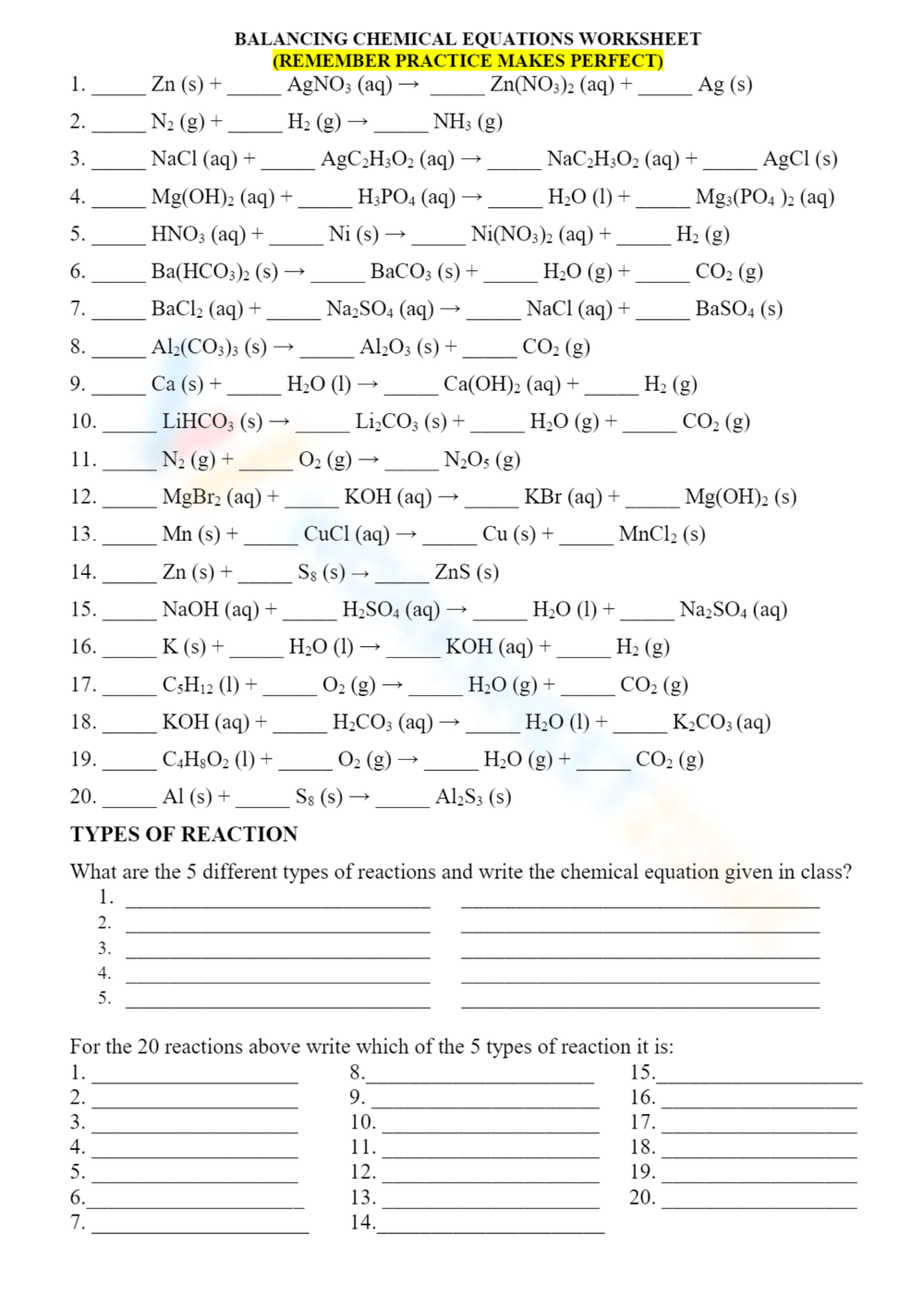 Printable Grade 7 Balancing Chemical Equations Worksheets Download