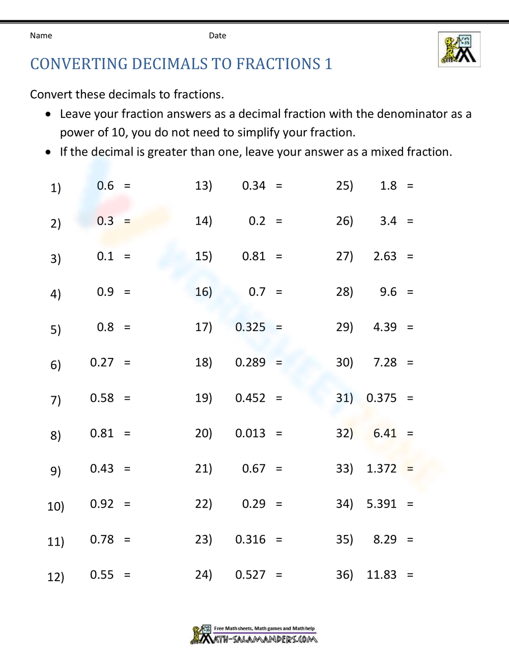 changing fractions into decimals worksheet