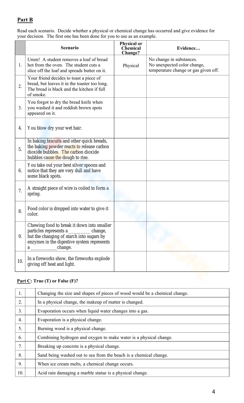 physical vs chemical change worksheet