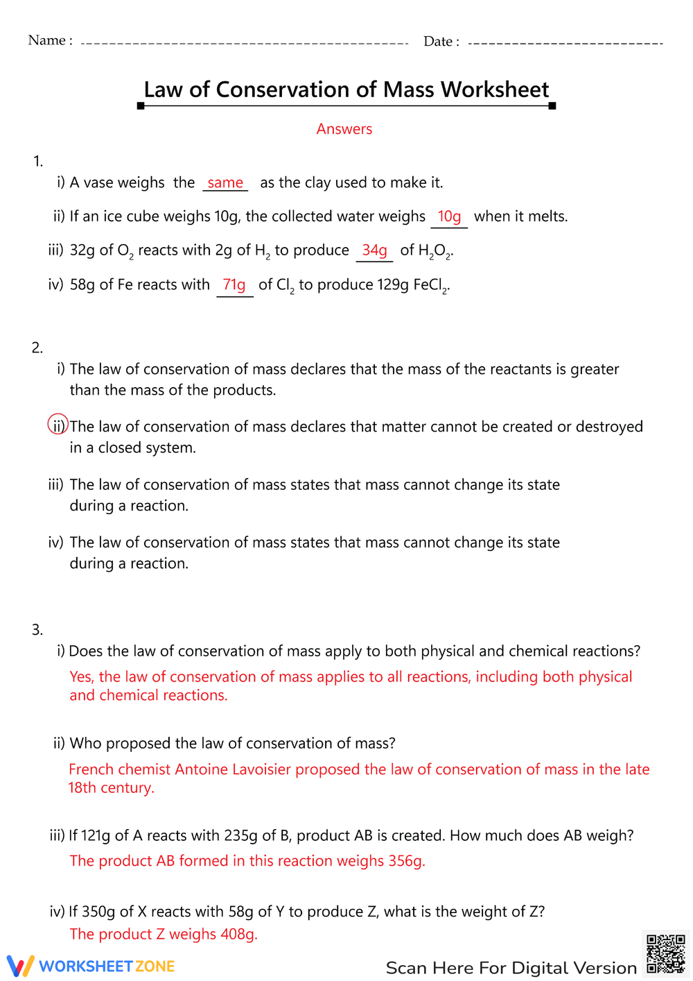 Printable Grade 8 Conservation Of Mass Worksheets