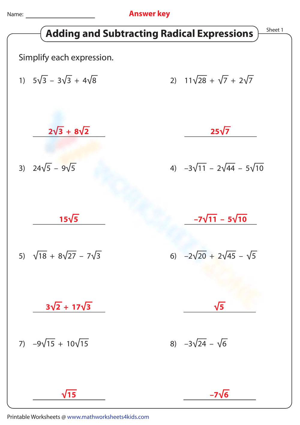 Printable Grade 9 Adding And Subtracting Radicals Worksheets