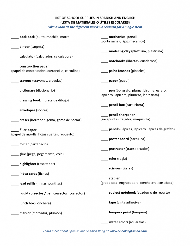 Printable List Of School Supplies In Spanish And English