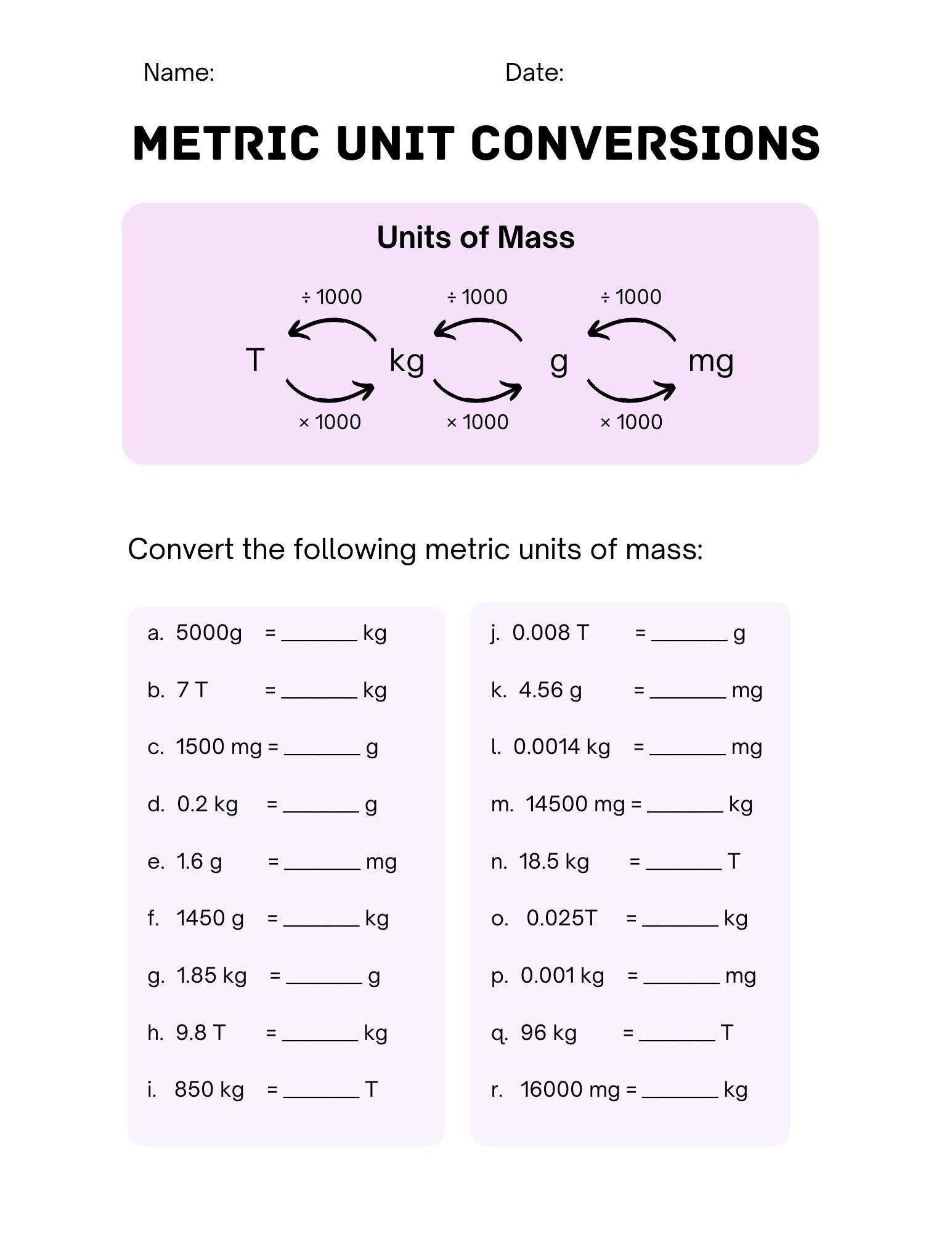 Printable Metric Conversion Worksheets DIGITAL Etsy Canada