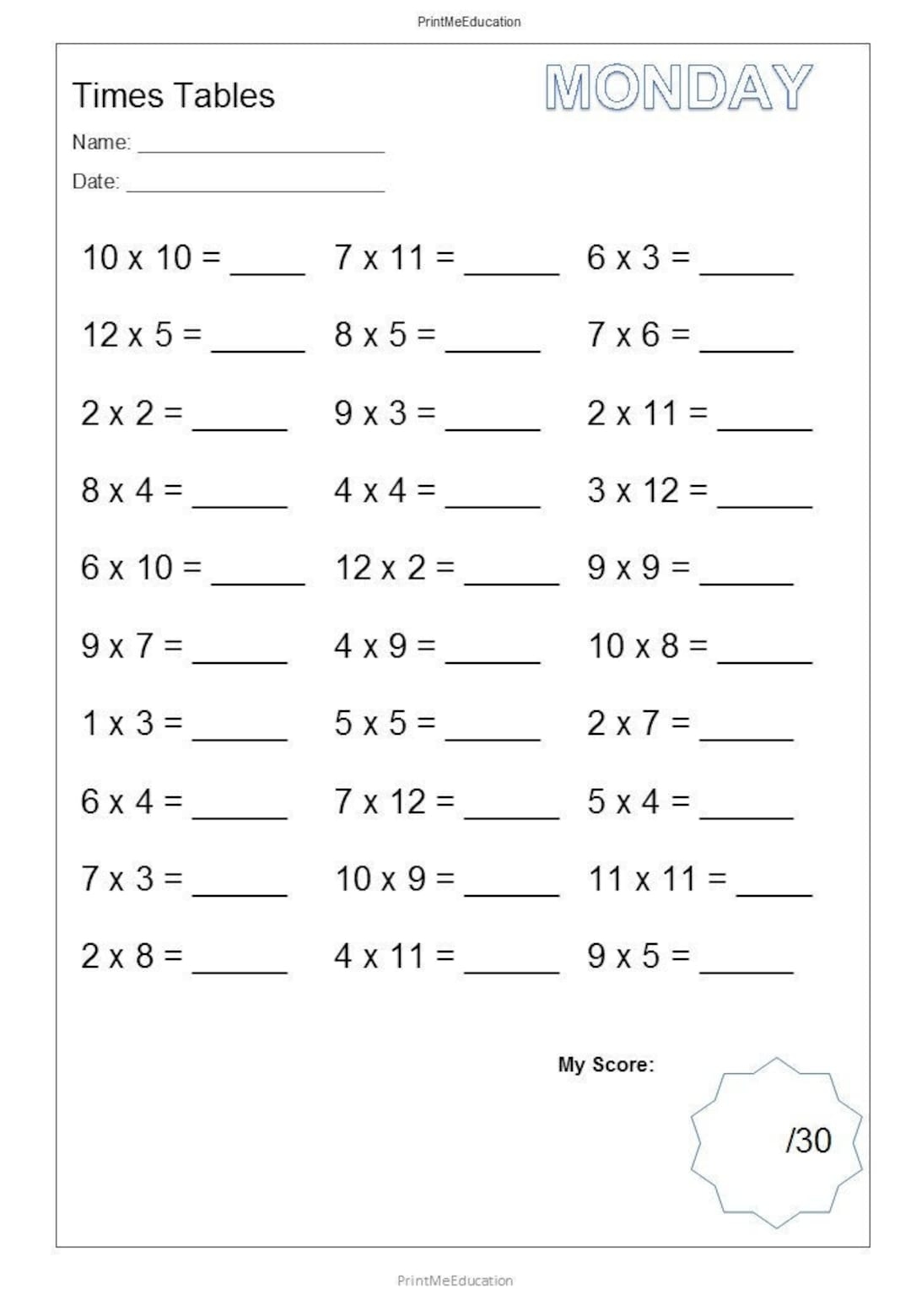 Printable Mixed Multiplying Daily Practice Worksheets With Answer Key Mixed Times Tables Numbers 1 12 Etsy
