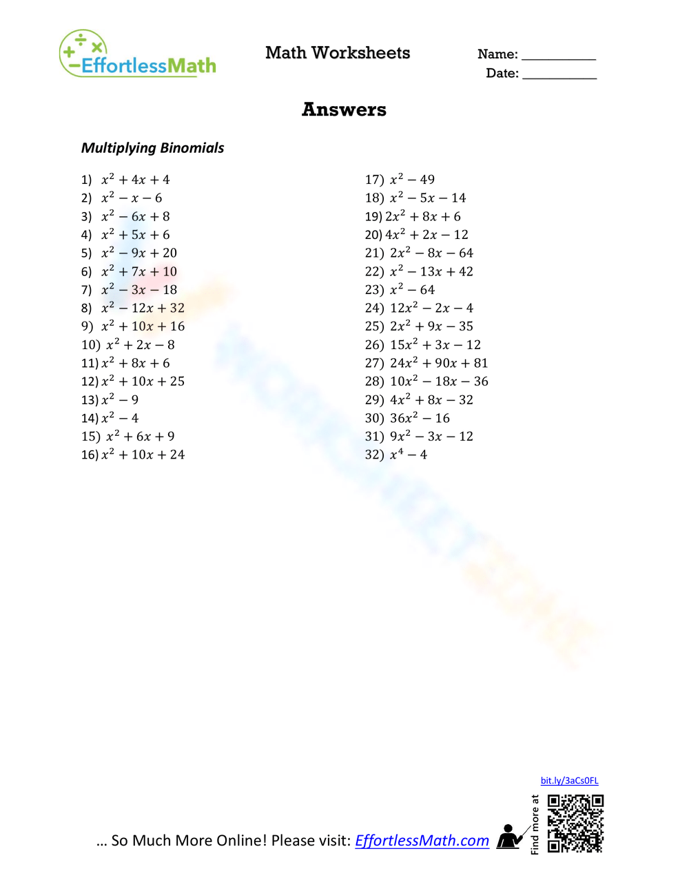 Printable Multiplying Binomials Worksheets Download Printable Multiplying Binomials Worksheets Download